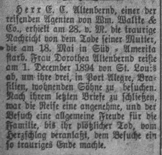 Dorothea Altenbernd Newspaper Death Notice, 1895
